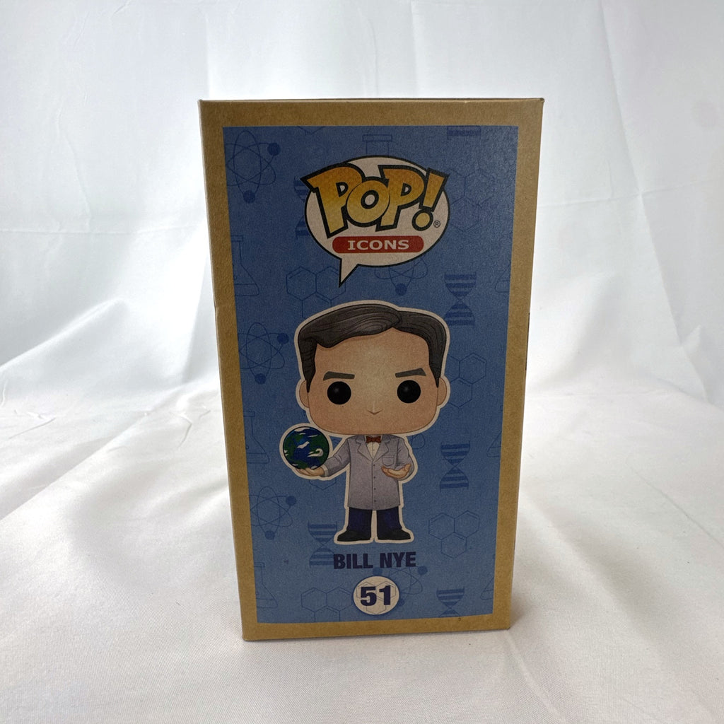 Funko Pop Icons Bill Nye with globe vinyl figure in unopened Hot Topic exclusive packaging.