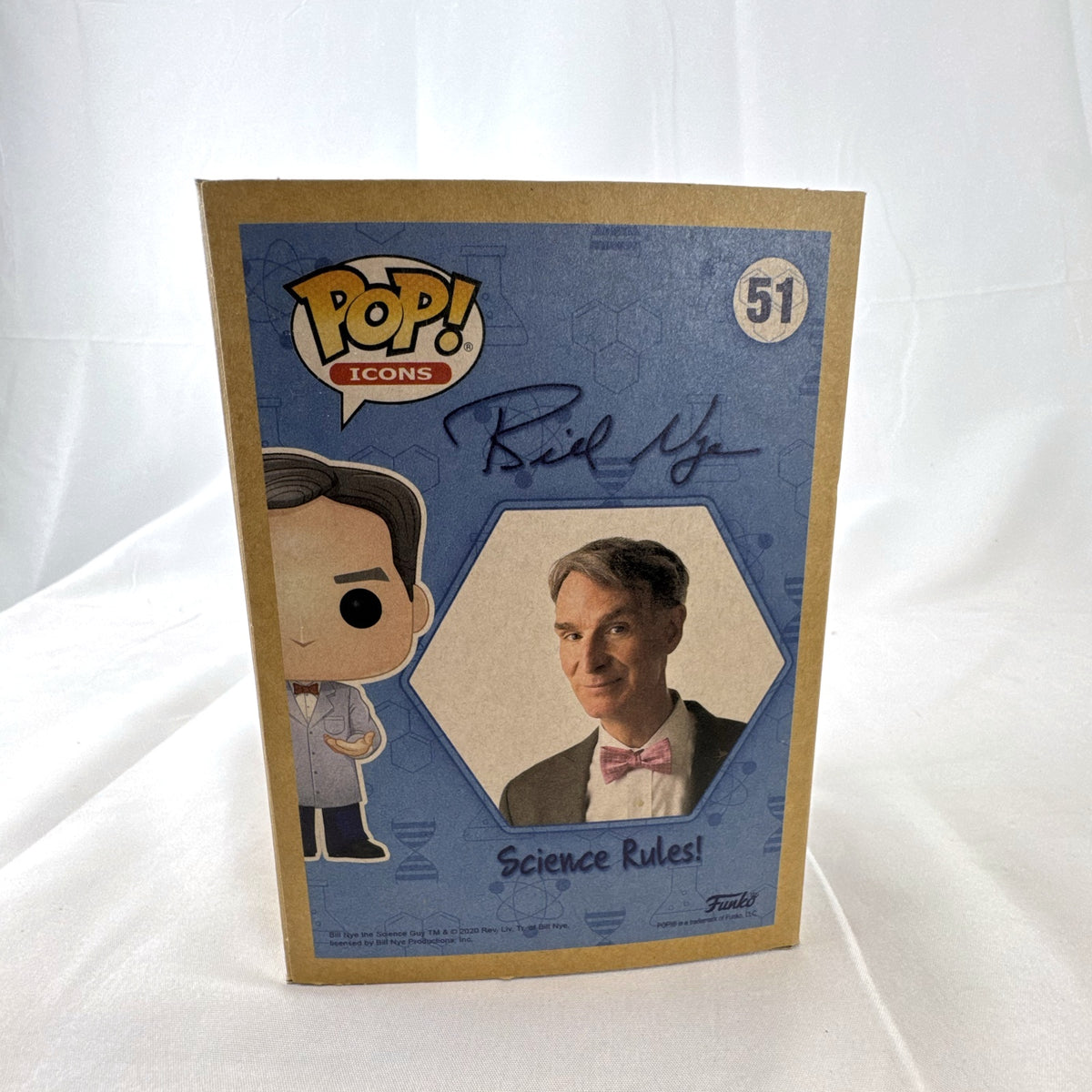 Funko Pop Icons Bill Nye with globe vinyl figure in unopened Hot Topic exclusive packaging.