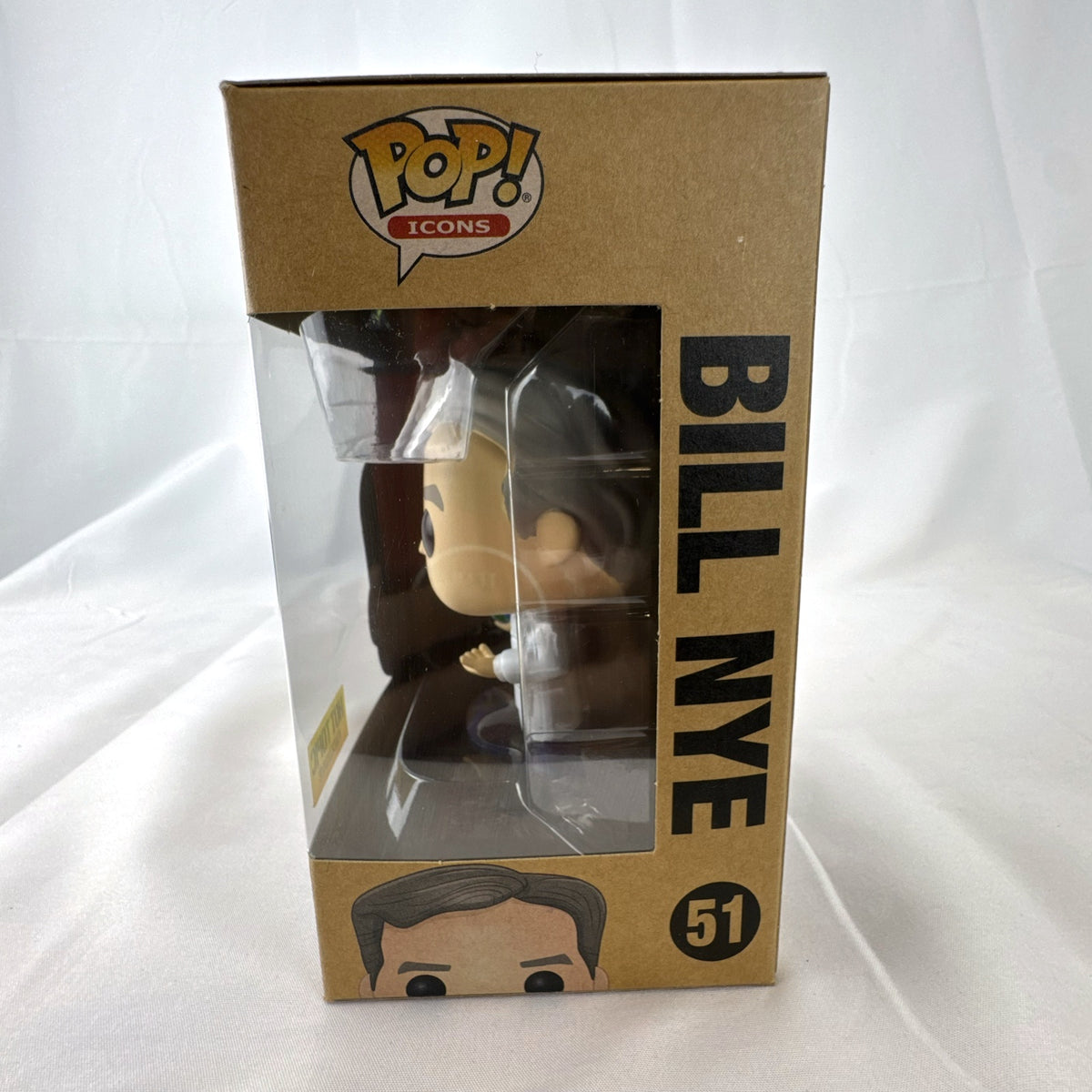 Funko Pop Icons Bill Nye with globe vinyl figure in unopened Hot Topic exclusive packaging.