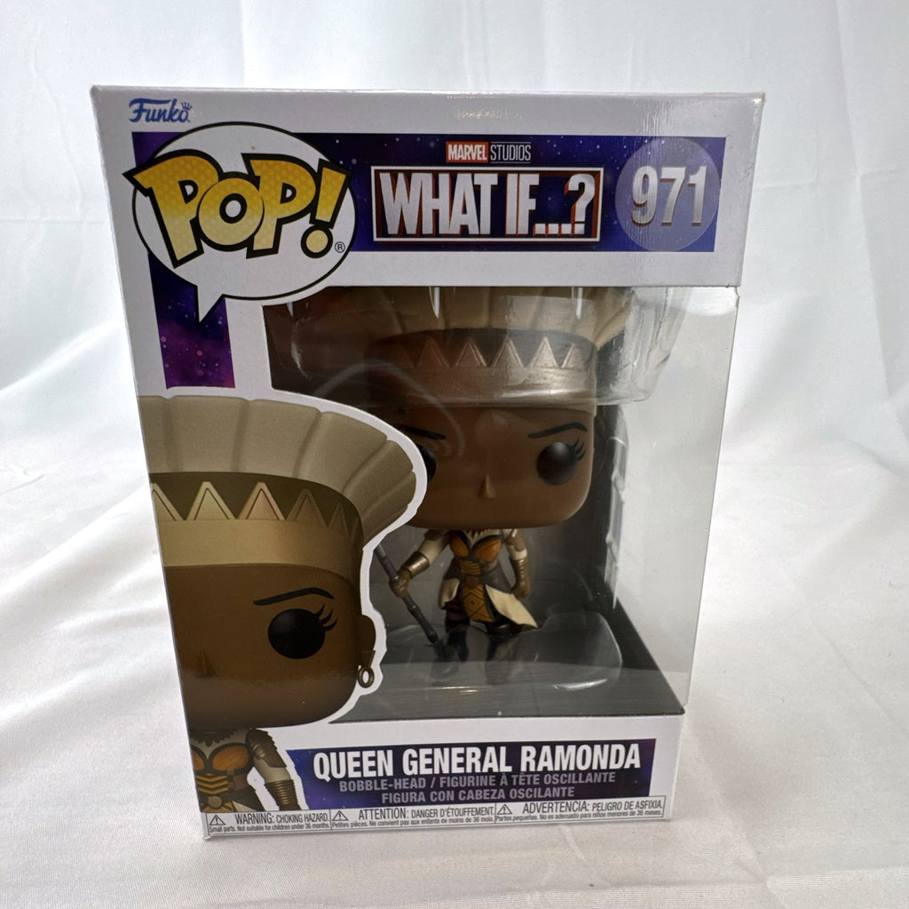 Funko Pop Marvel What If Queen General Ramonda vinyl figure #971 in original sealed box packaging.