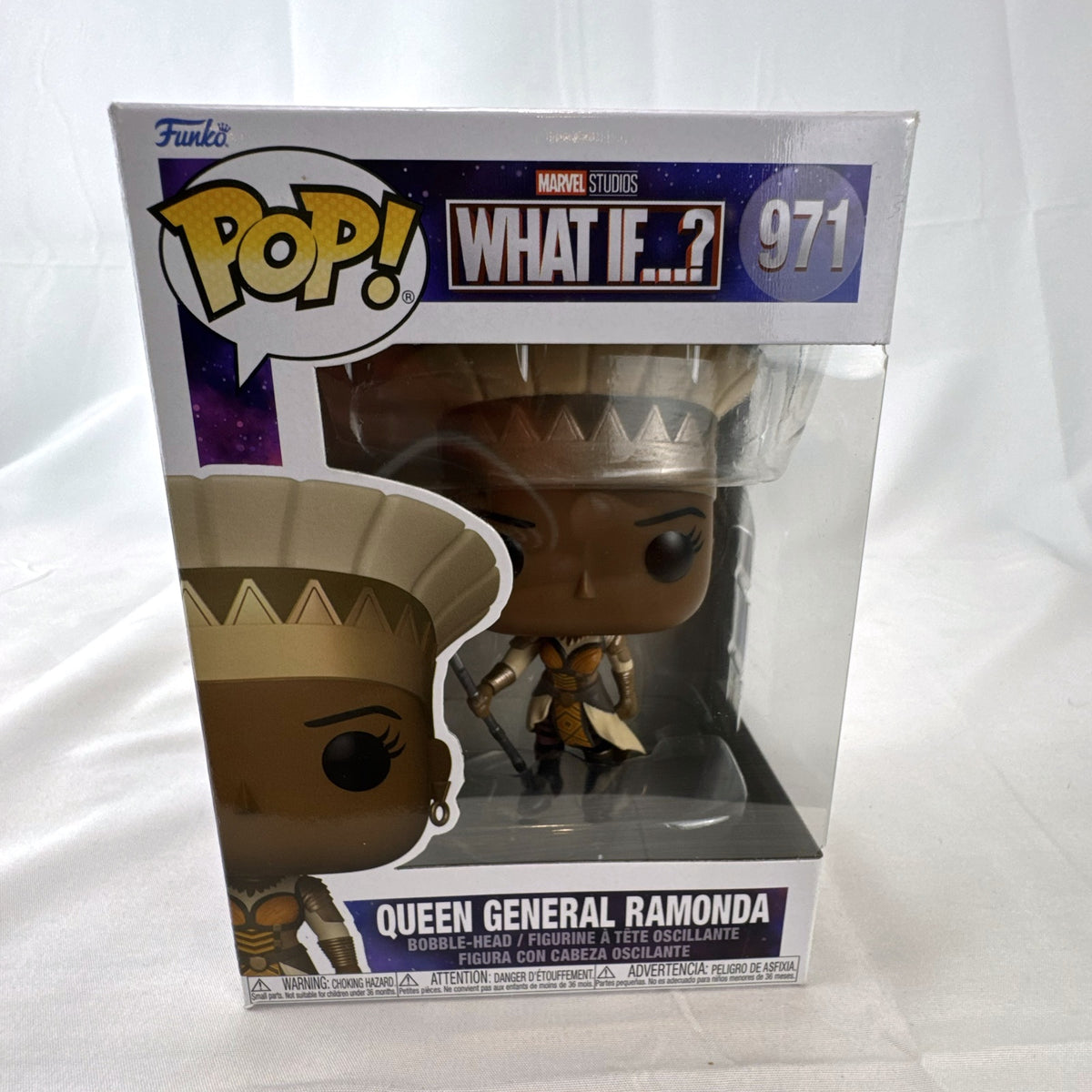 Funko Pop Marvel What If Queen General Ramonda vinyl figure #971 in original sealed box packaging.