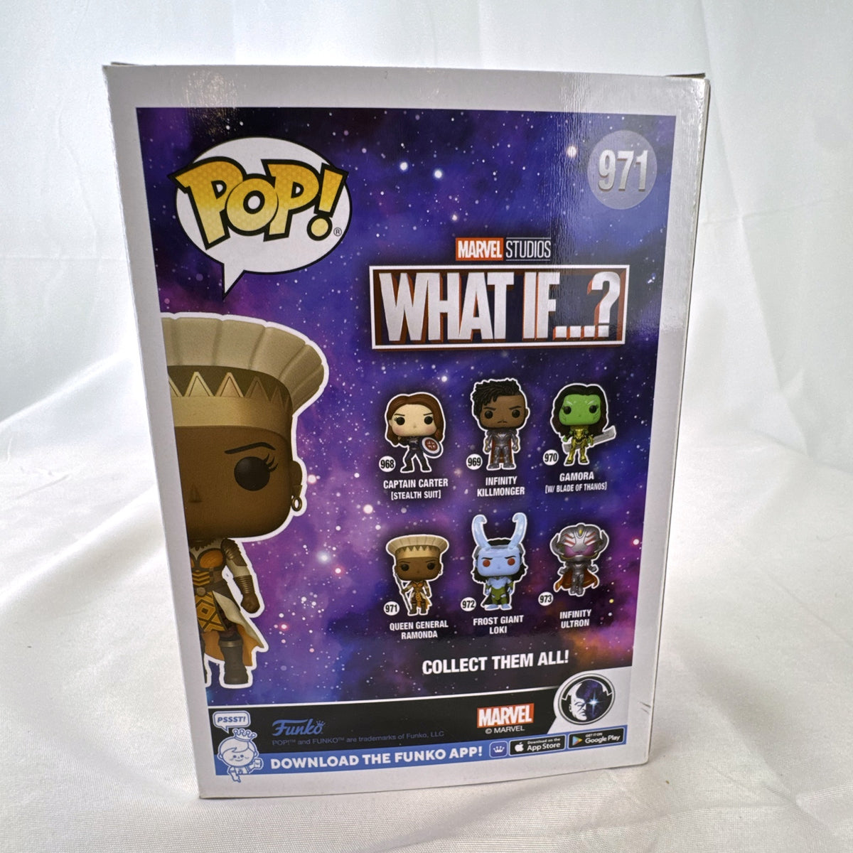 Funko Pop Marvel What If Queen General Ramonda vinyl figure #971 in original sealed box packaging.