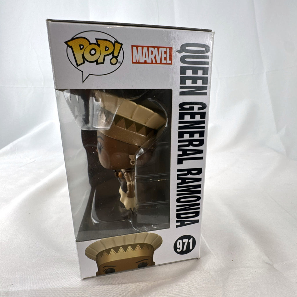 Funko Pop Marvel What If Queen General Ramonda vinyl figure #971 in original sealed box packaging.