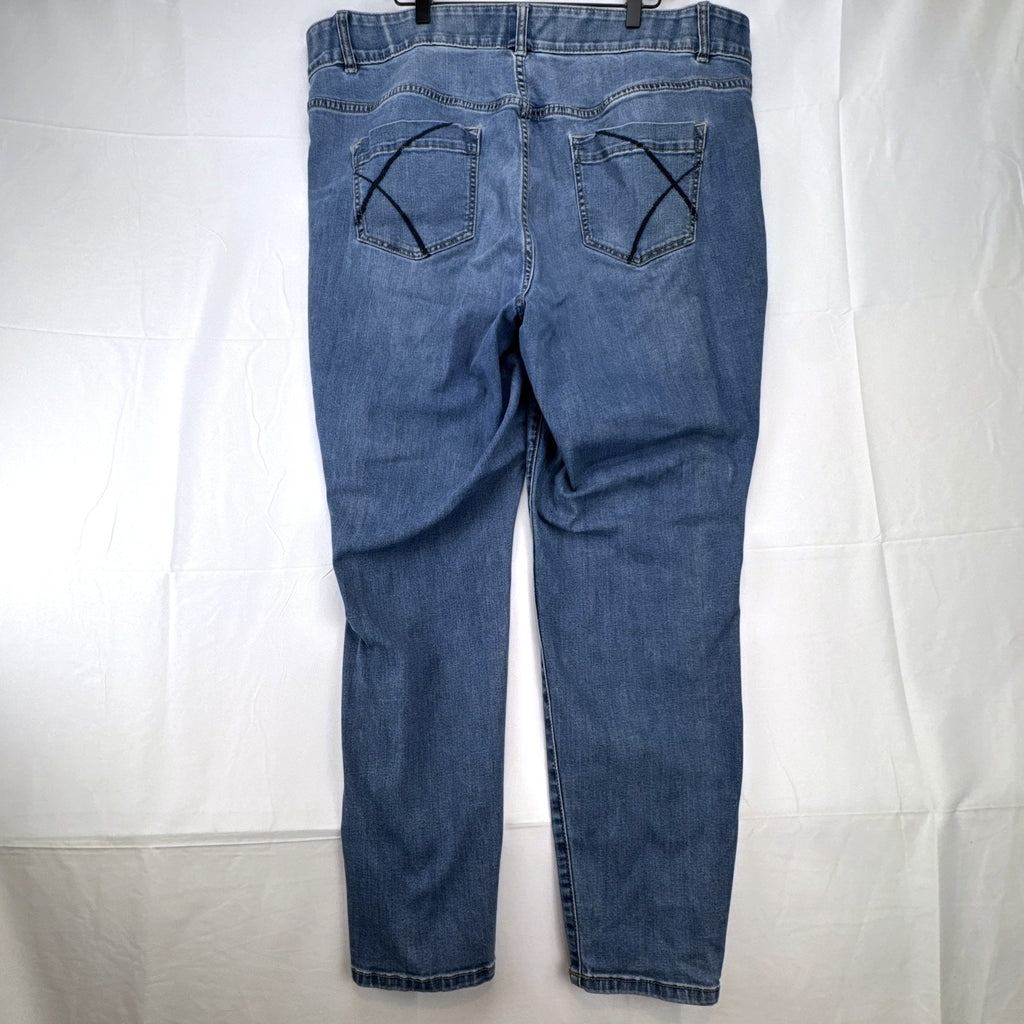 Lane Bryant women's plus size 22 medium wash stretch skinny ankle jeans with embroidered back pockets.
