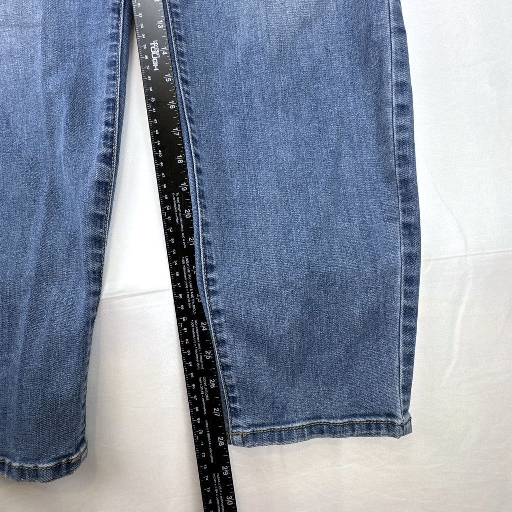 Lane Bryant women's plus size 22 medium wash stretch skinny ankle jeans with embroidered back pockets.