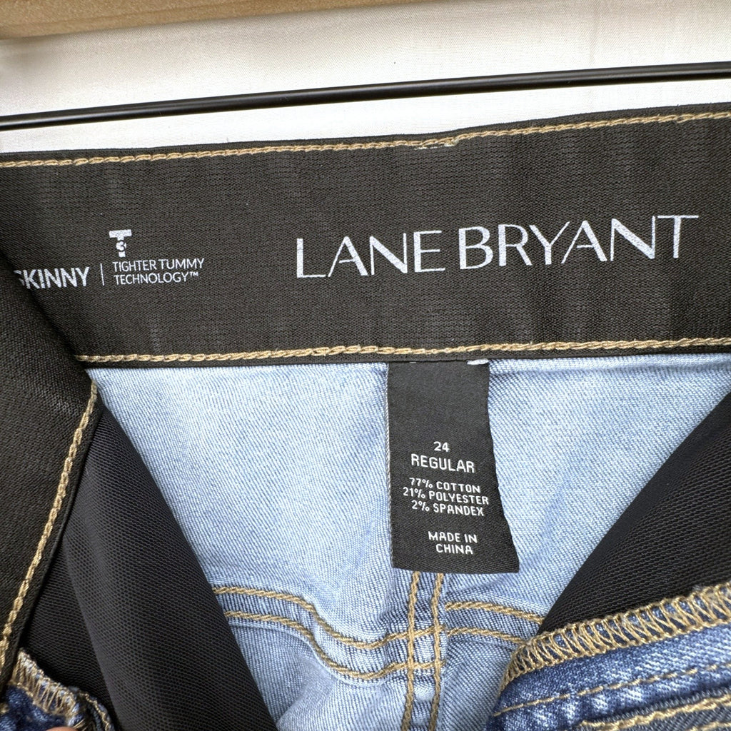Lane Bryant women's plus size 22 medium wash stretch skinny ankle jeans with embroidered back pockets.