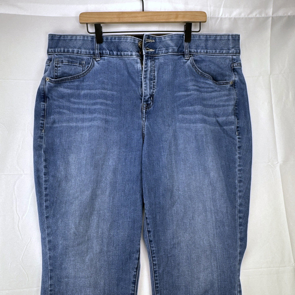 Lane Bryant women's plus size 22 medium wash stretch skinny ankle jeans with embroidered back pockets.