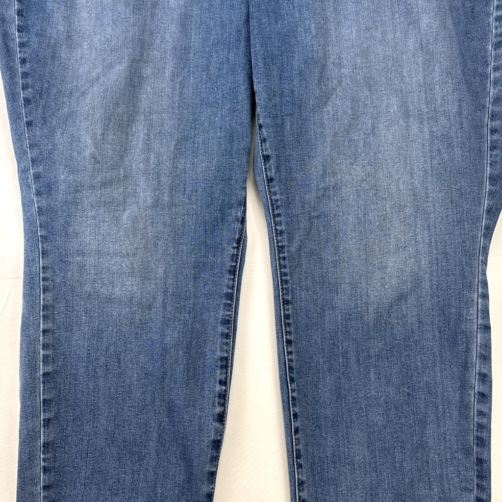 Lane Bryant women's plus size 22 medium wash stretch skinny ankle jeans with embroidered back pockets.