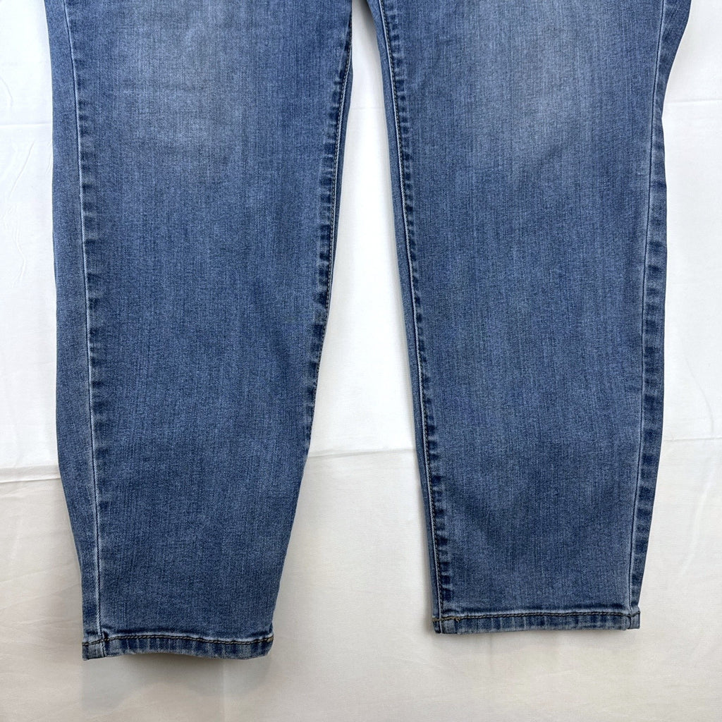 Lane Bryant women's plus size 22 medium wash stretch skinny ankle jeans with embroidered back pockets.