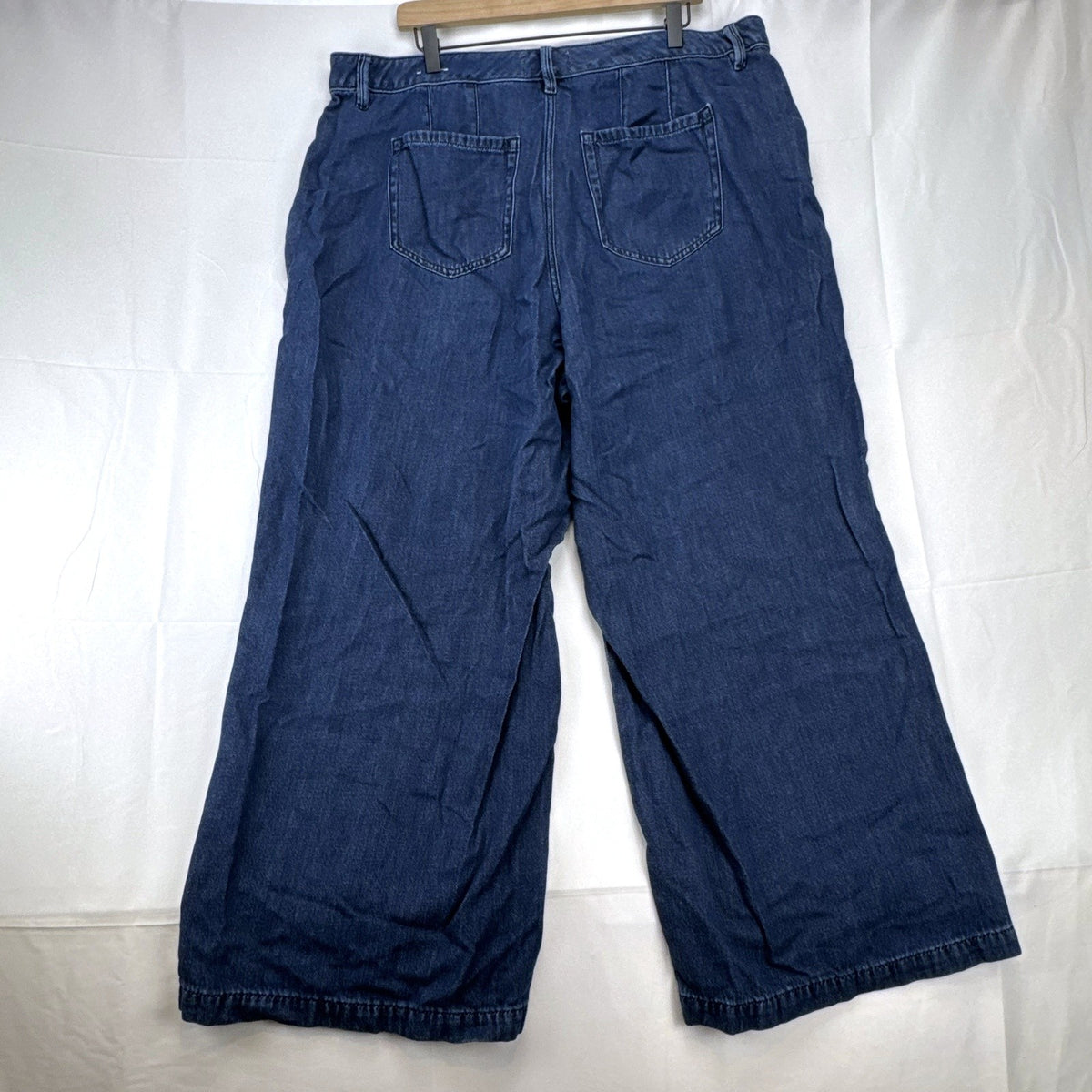 Lane Bryant women's plus size 20 wide-leg jeans in dark wash blue denim with stitched front seams.