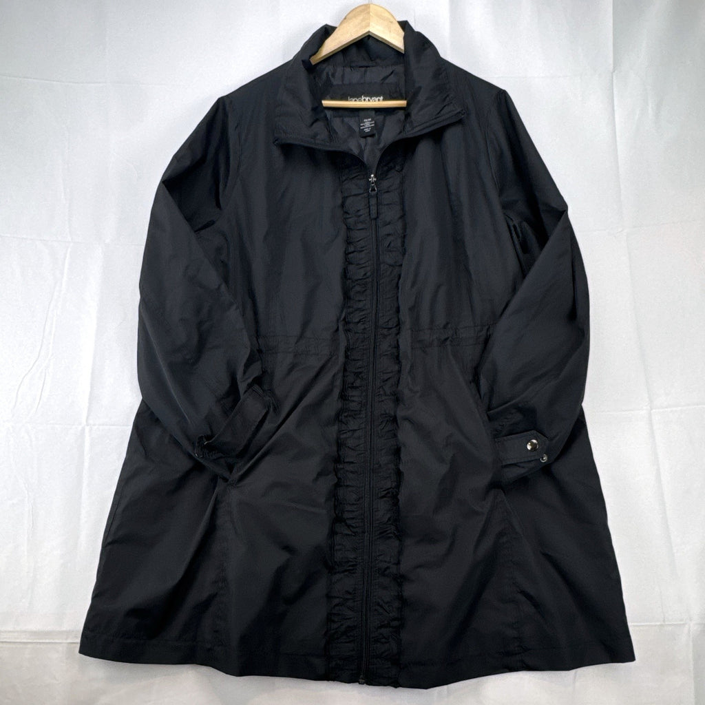 Lane Bryant black ruffle trim cinch-waist rain jacket in women's plus size 22/24