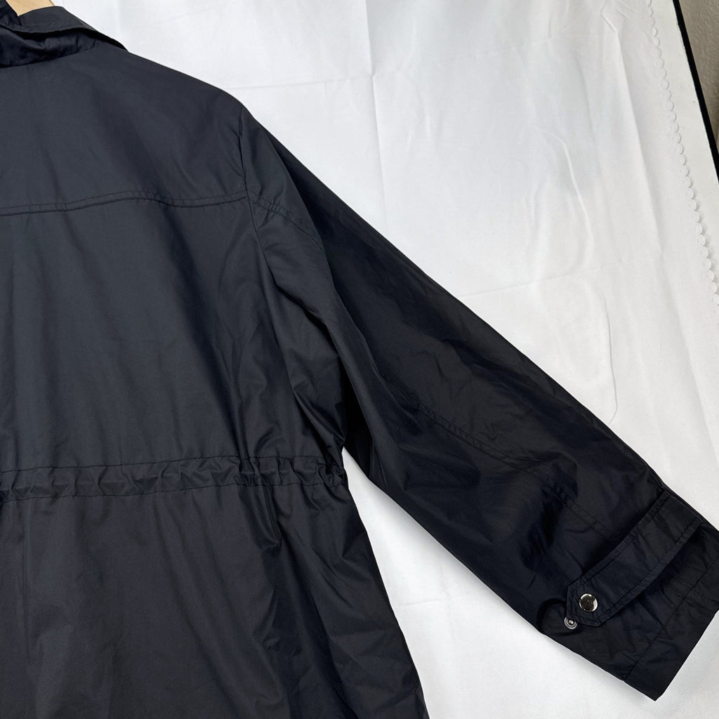 Lane Bryant black ruffle trim cinch-waist rain jacket in women's plus size 22/24
