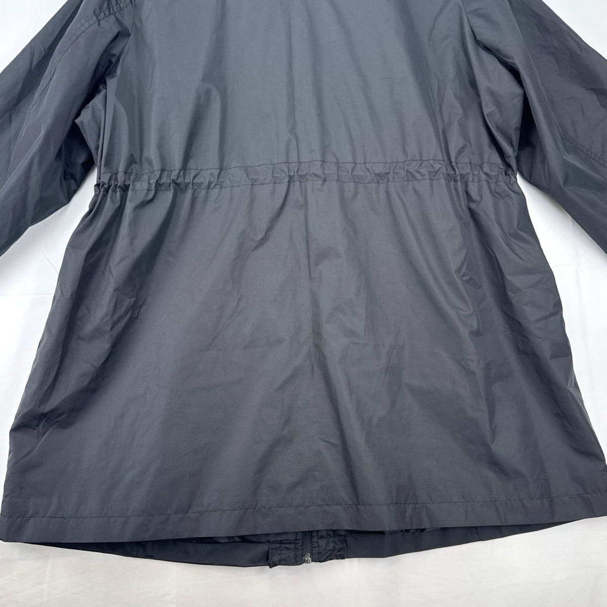 Lane Bryant black ruffle trim cinch-waist rain jacket in women's plus size 22/24
