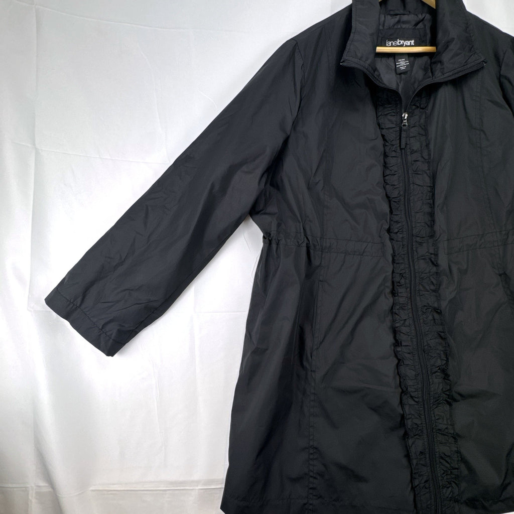 Lane Bryant black ruffle trim cinch-waist rain jacket in women's plus size 22/24