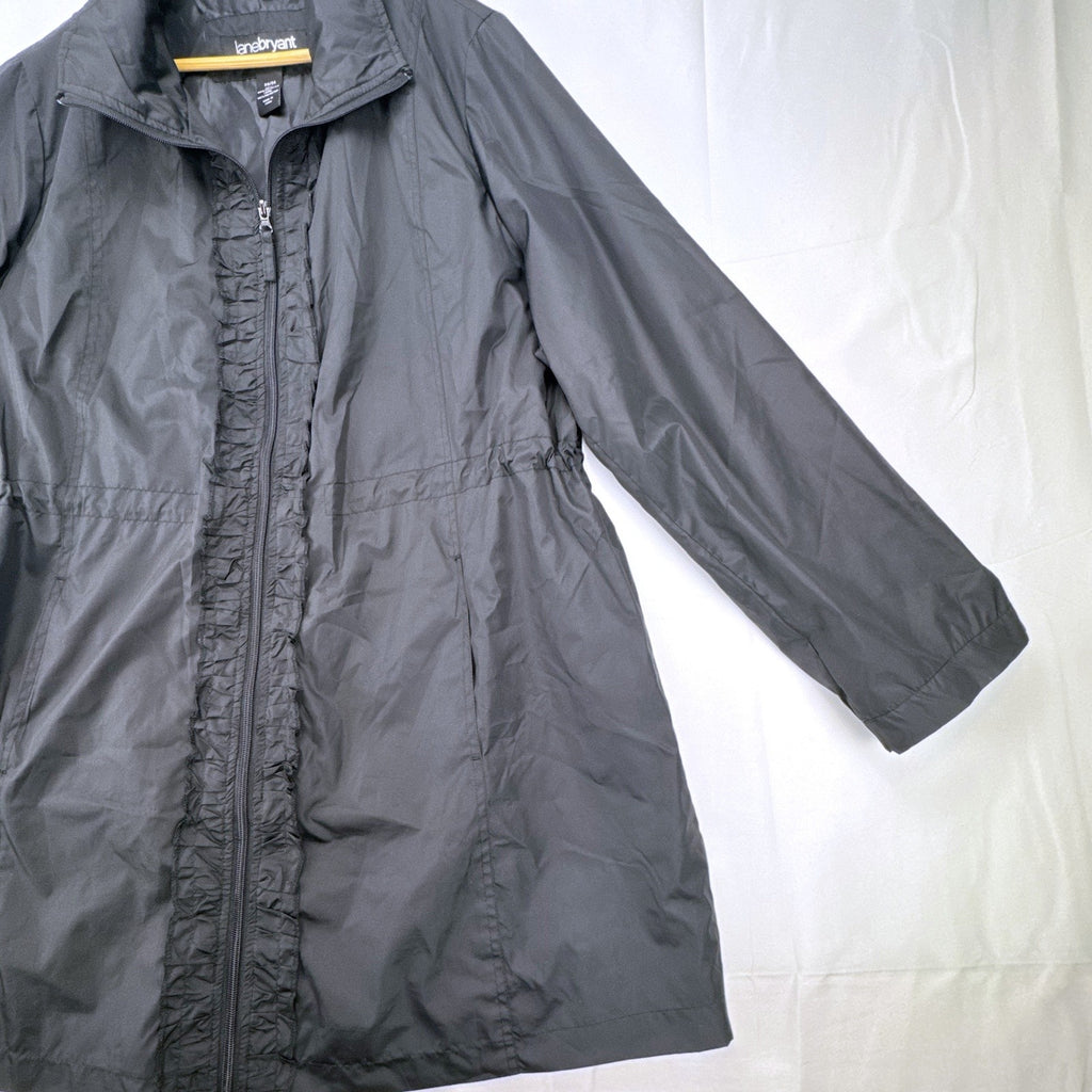Lane Bryant black ruffle trim cinch-waist rain jacket in women's plus size 22/24