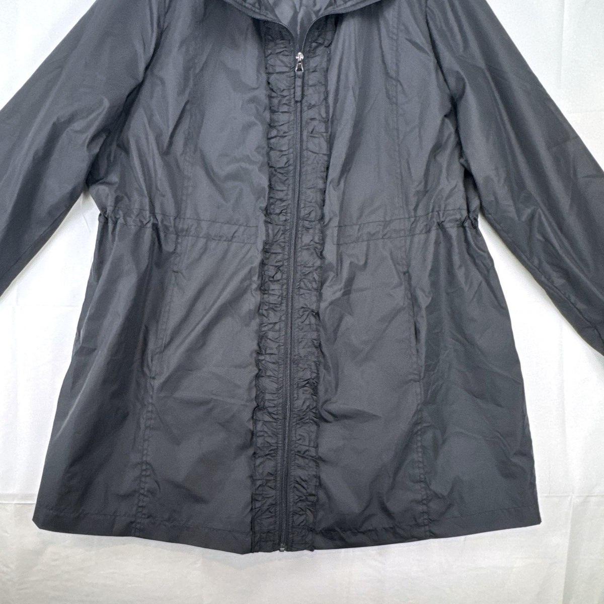 Lane Bryant black ruffle trim cinch-waist rain jacket in women's plus size 22/24