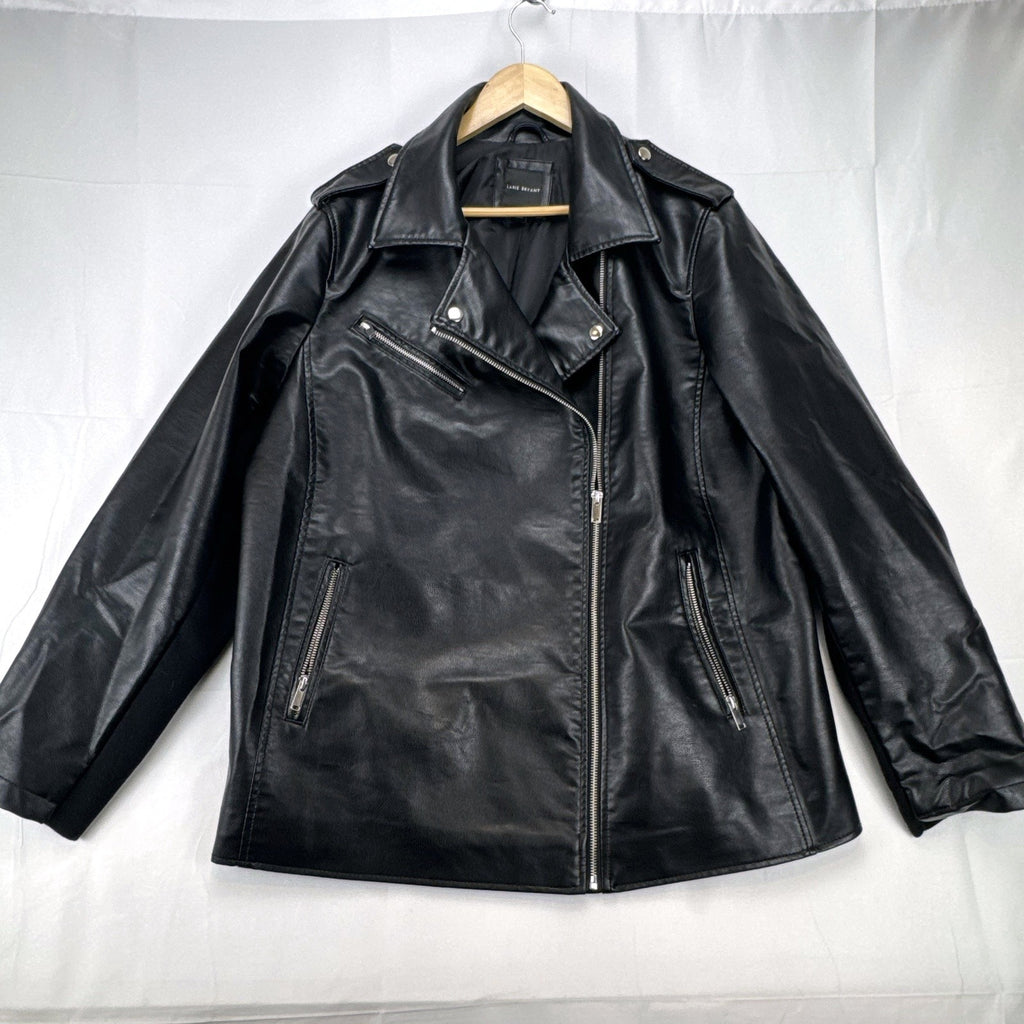 Lane Bryant women's plus size 22/24 black faux leather moto jacket with stretch knit sleeve panels.