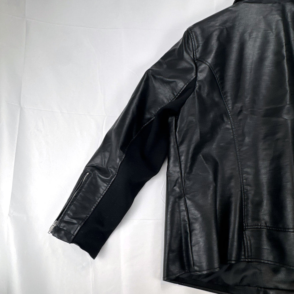 Lane Bryant women's plus size 22/24 black faux leather moto jacket with stretch knit sleeve panels.