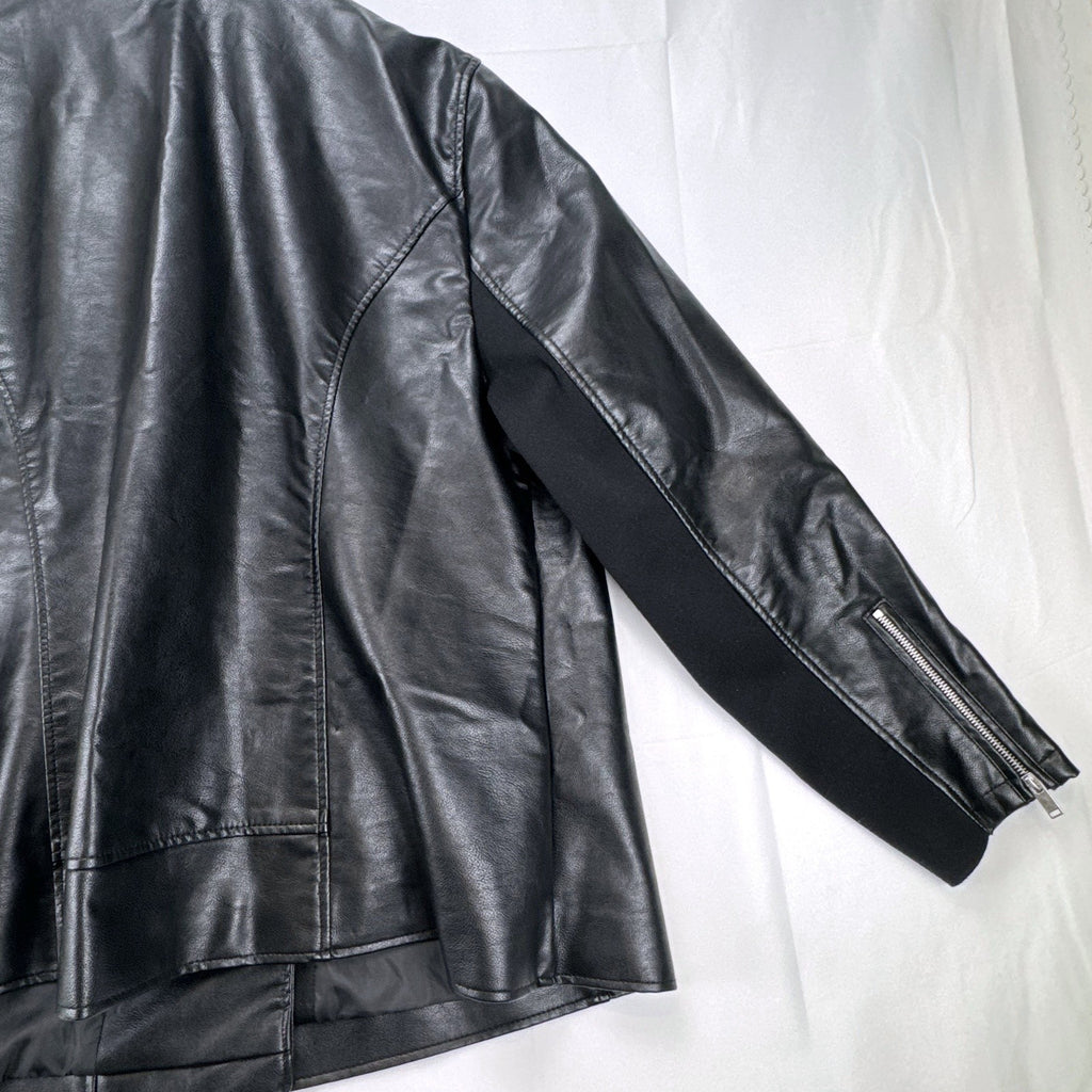 Lane Bryant women's plus size 22/24 black faux leather moto jacket with stretch knit sleeve panels.