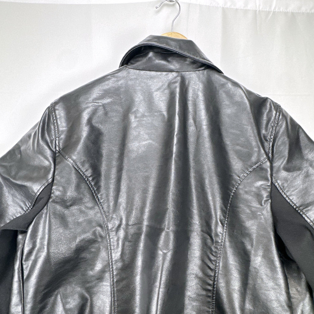 Lane Bryant women's plus size 22/24 black faux leather moto jacket with stretch knit sleeve panels.