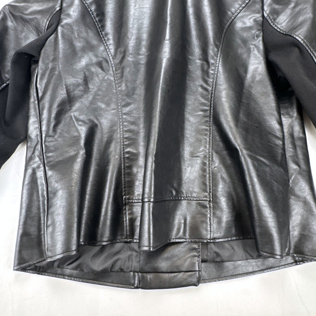 Lane Bryant women's plus size 22/24 black faux leather moto jacket with stretch knit sleeve panels.