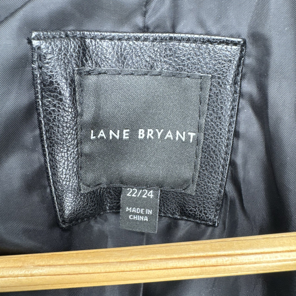 Lane Bryant women's plus size 22/24 black faux leather moto jacket with stretch knit sleeve panels.