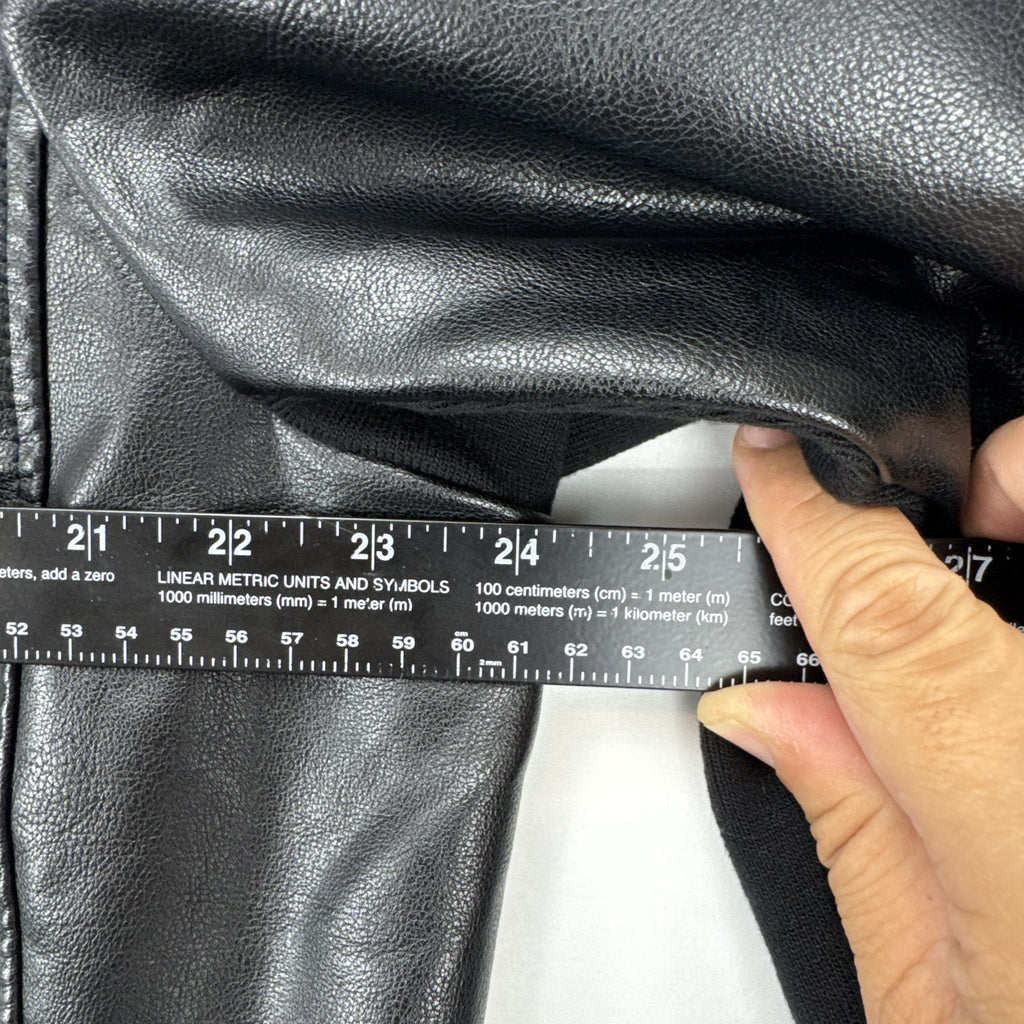 Lane Bryant women's plus size 22/24 black faux leather moto jacket with stretch knit sleeve panels.