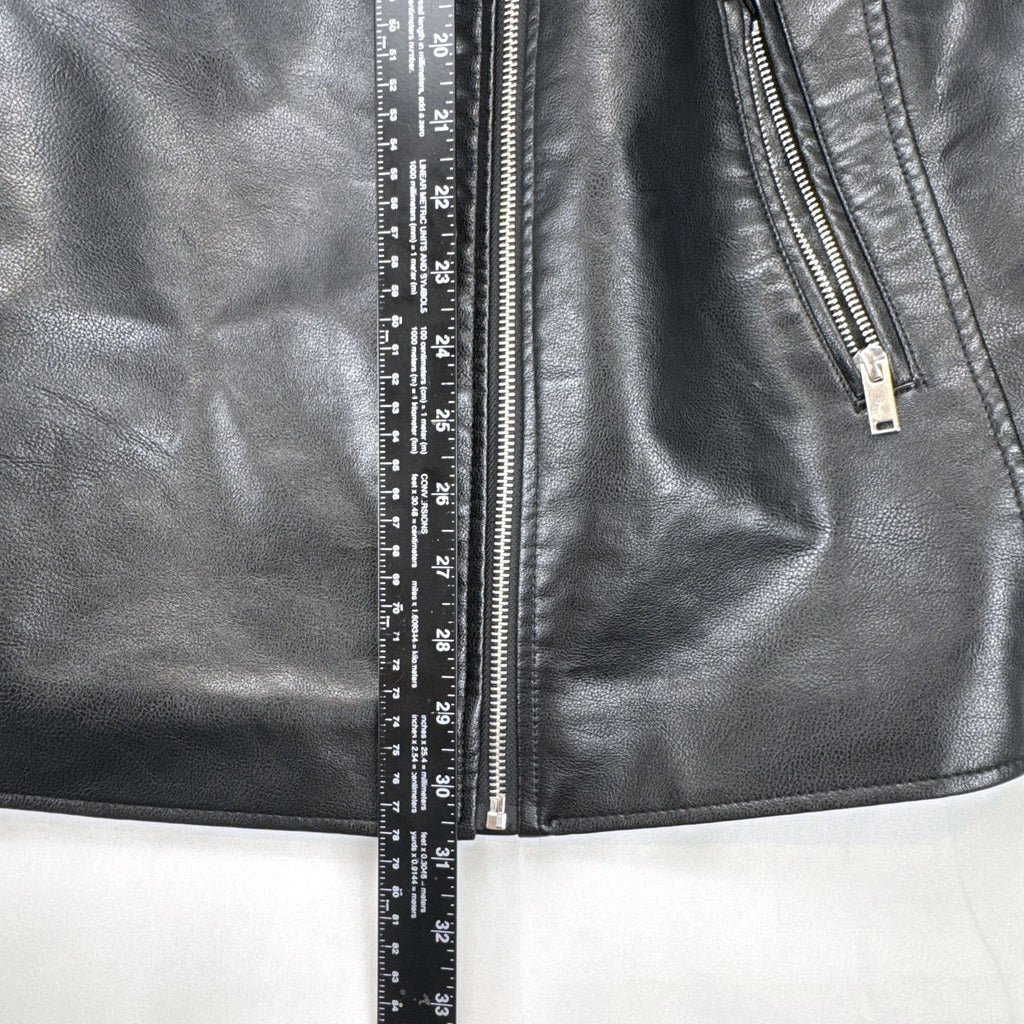 Lane Bryant women's plus size 22/24 black faux leather moto jacket with stretch knit sleeve panels.