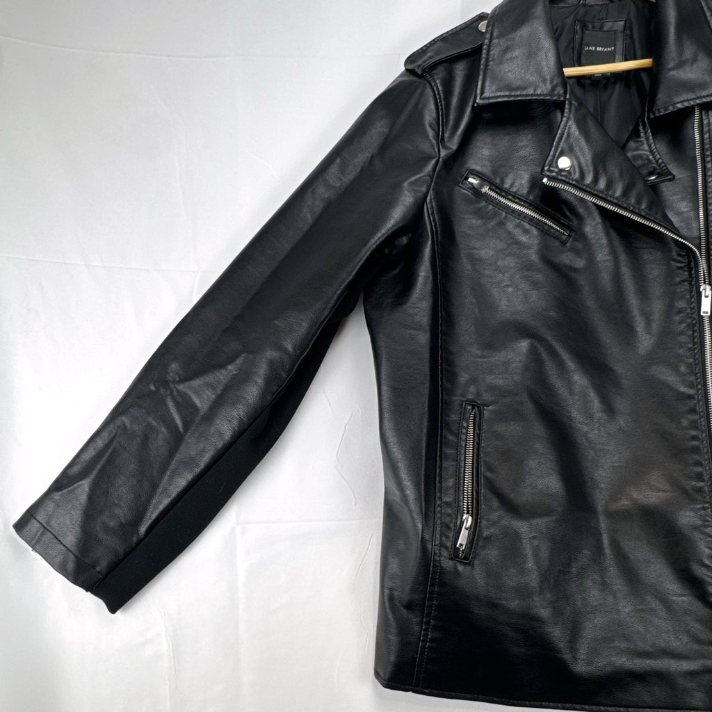 Lane Bryant women's plus size 22/24 black faux leather moto jacket with stretch knit sleeve panels.