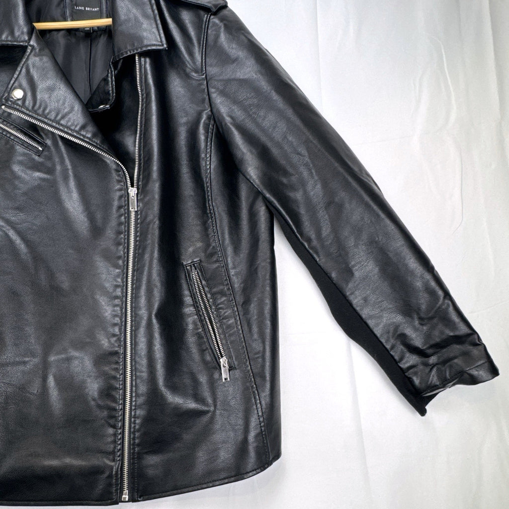 Lane Bryant women's plus size 22/24 black faux leather moto jacket with stretch knit sleeve panels.