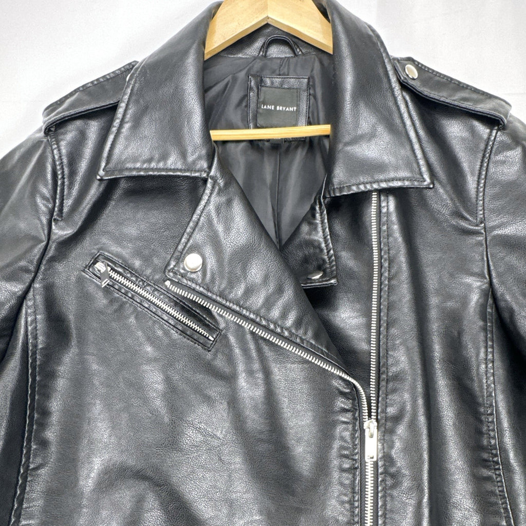 Lane Bryant women's plus size 22/24 black faux leather moto jacket with stretch knit sleeve panels.
