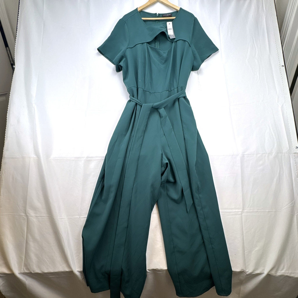 Lane Bryant plus size 24 dark green crepe wide-leg jumpsuit with front cutout and tie belt