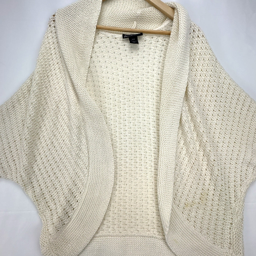Lane Bryant ivory open-knit cocoon cardigan sweater with shawl collar and dolman sleeves in size M/L.