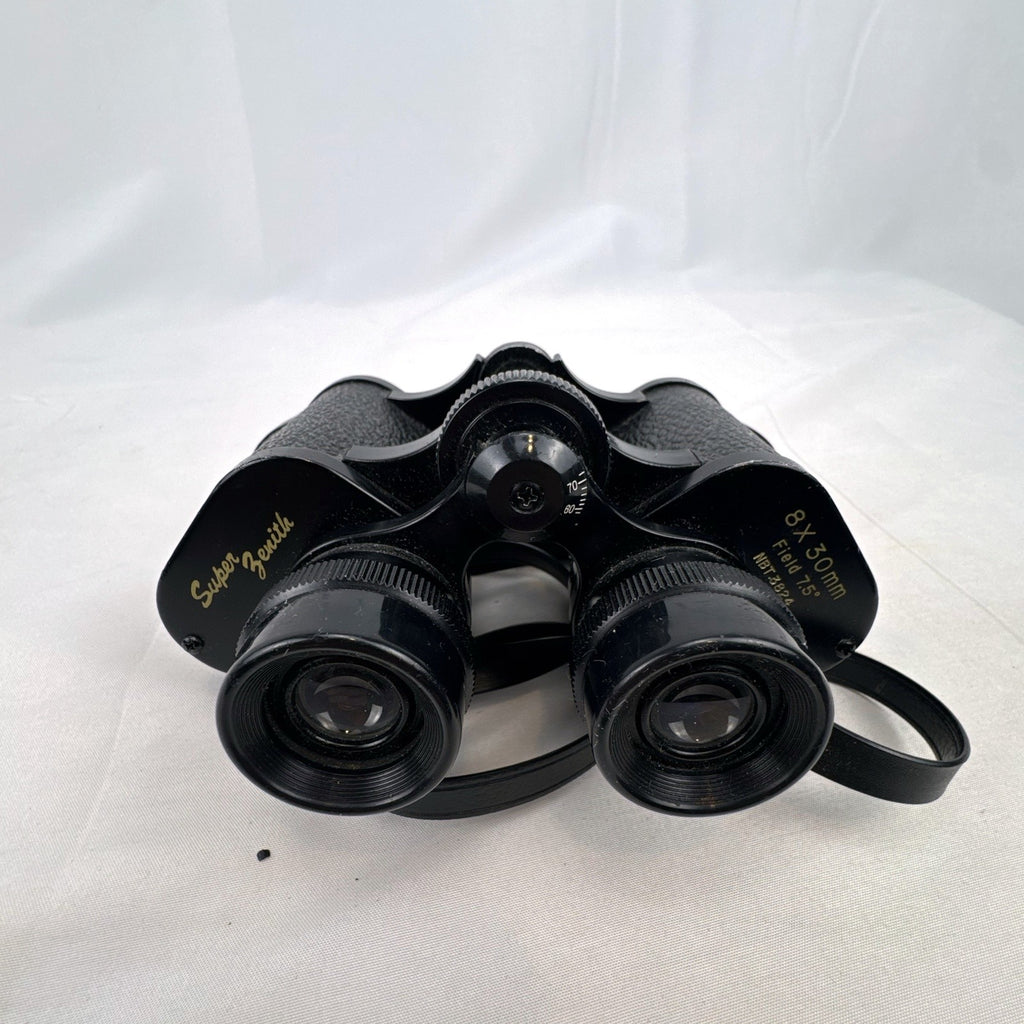 Super Zenith 8x30mm vintage black Porro prism binoculars with neck strap, made in Japan.