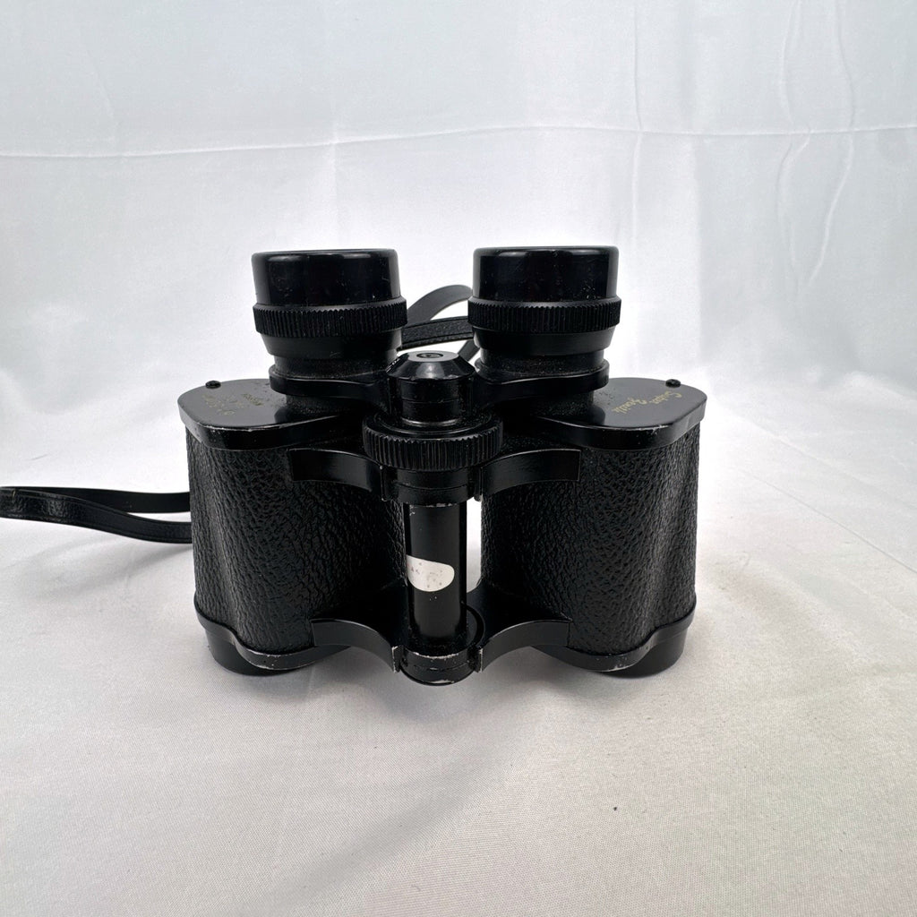 Super Zenith 8x30mm vintage black Porro prism binoculars with neck strap, made in Japan.