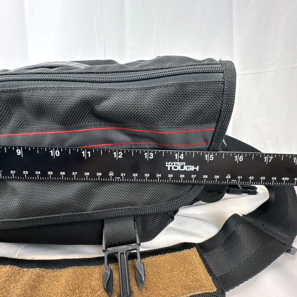 Tamrac black ballistic nylon padded camera shoulder bag with red accent stripe