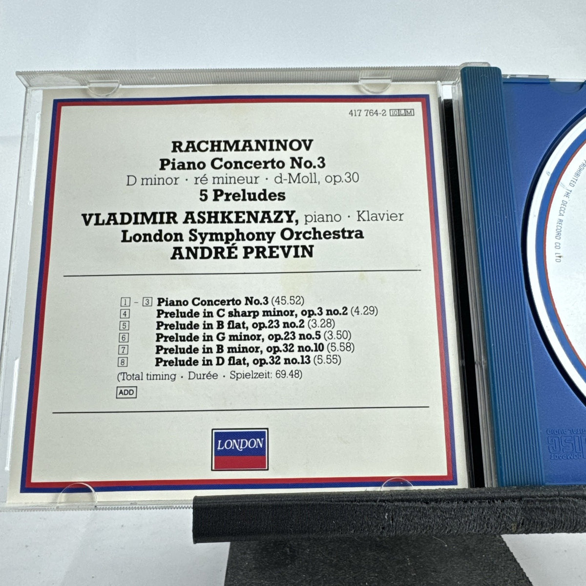 London Records 1988 CD of Rachmaninov Piano Concerto No. 3 performed by Vladimir Ashkenazy and André Previn