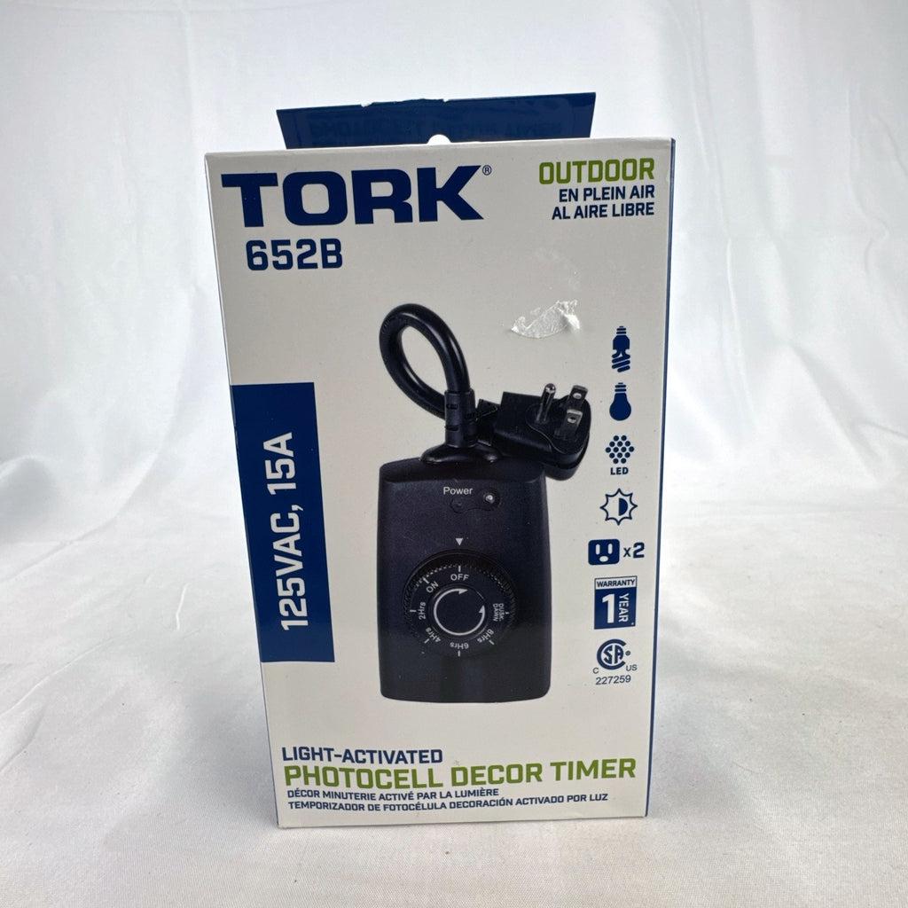 TORK 652B outdoor photocell light timer with dual grounded outlets in original packaging