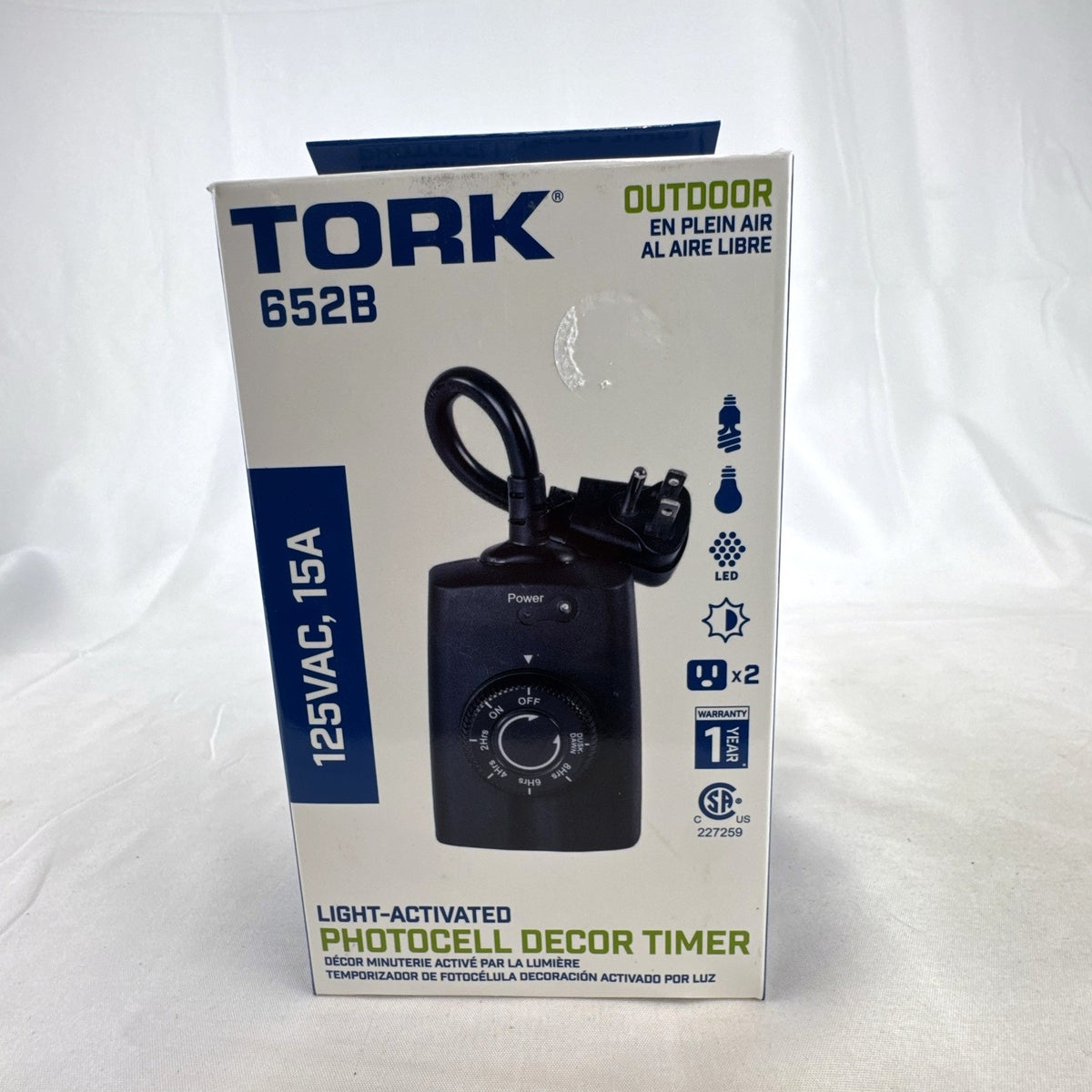 Tork 652B outdoor photocell timer with dual grounded outlets in sealed retail packaging