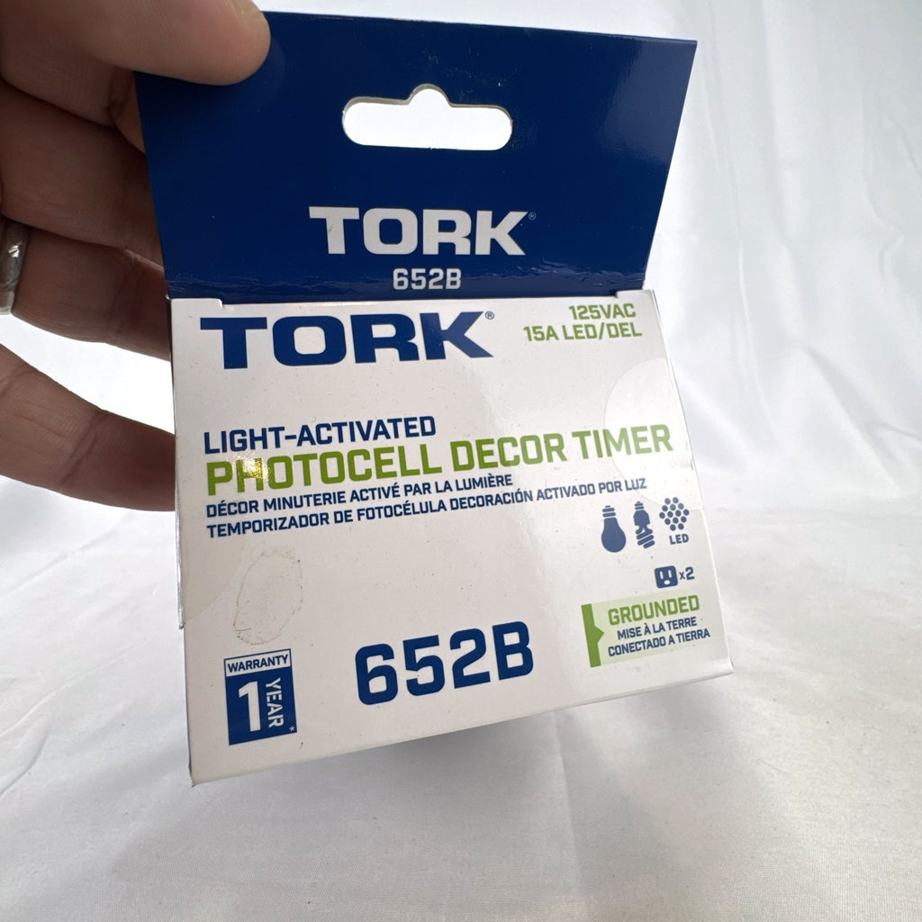 Tork 652B outdoor photocell timer with dual grounded outlets in sealed retail packaging