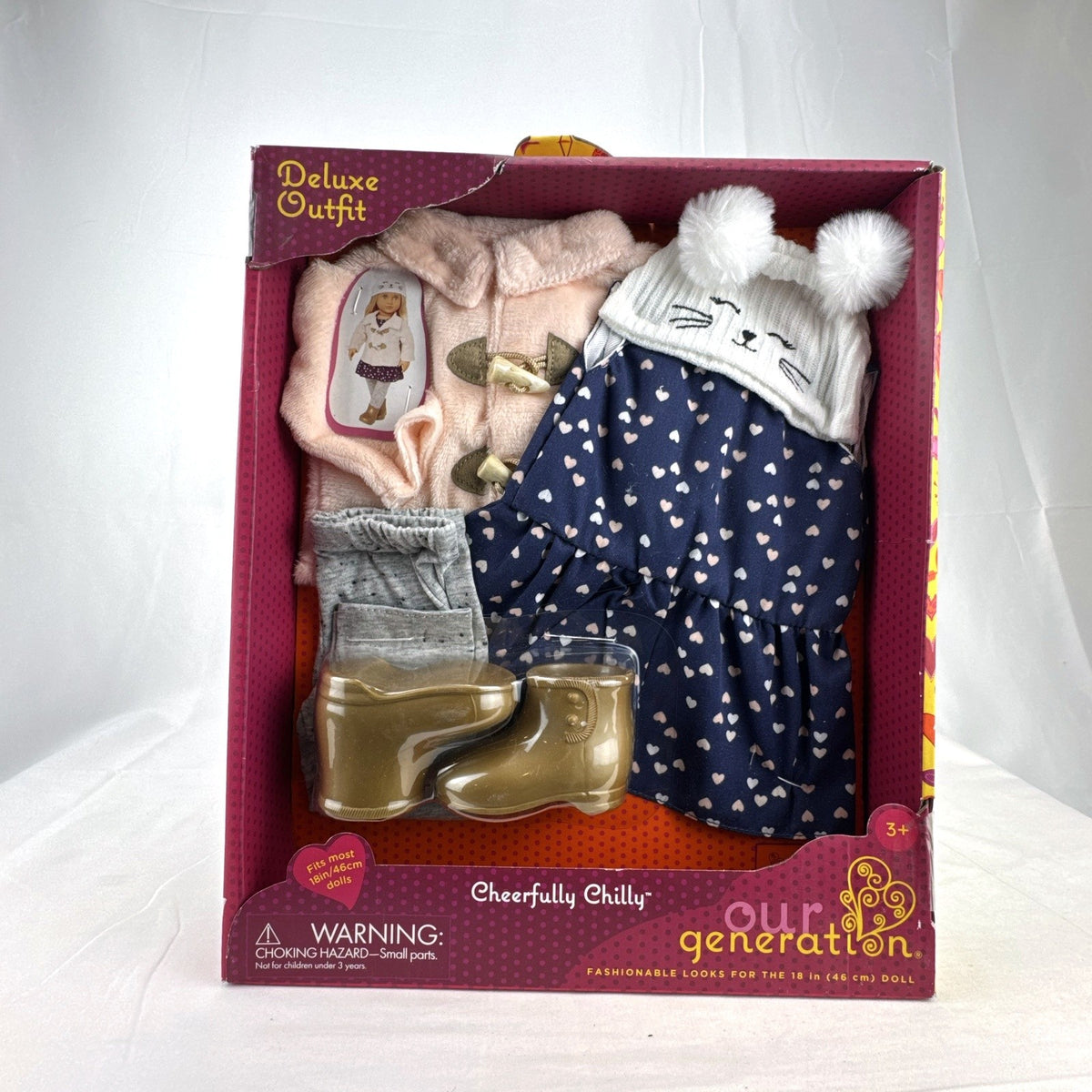 Our Generation Cheerfully Chilly 5-piece winter coat and dress outfit set for 18-inch dolls in packaging