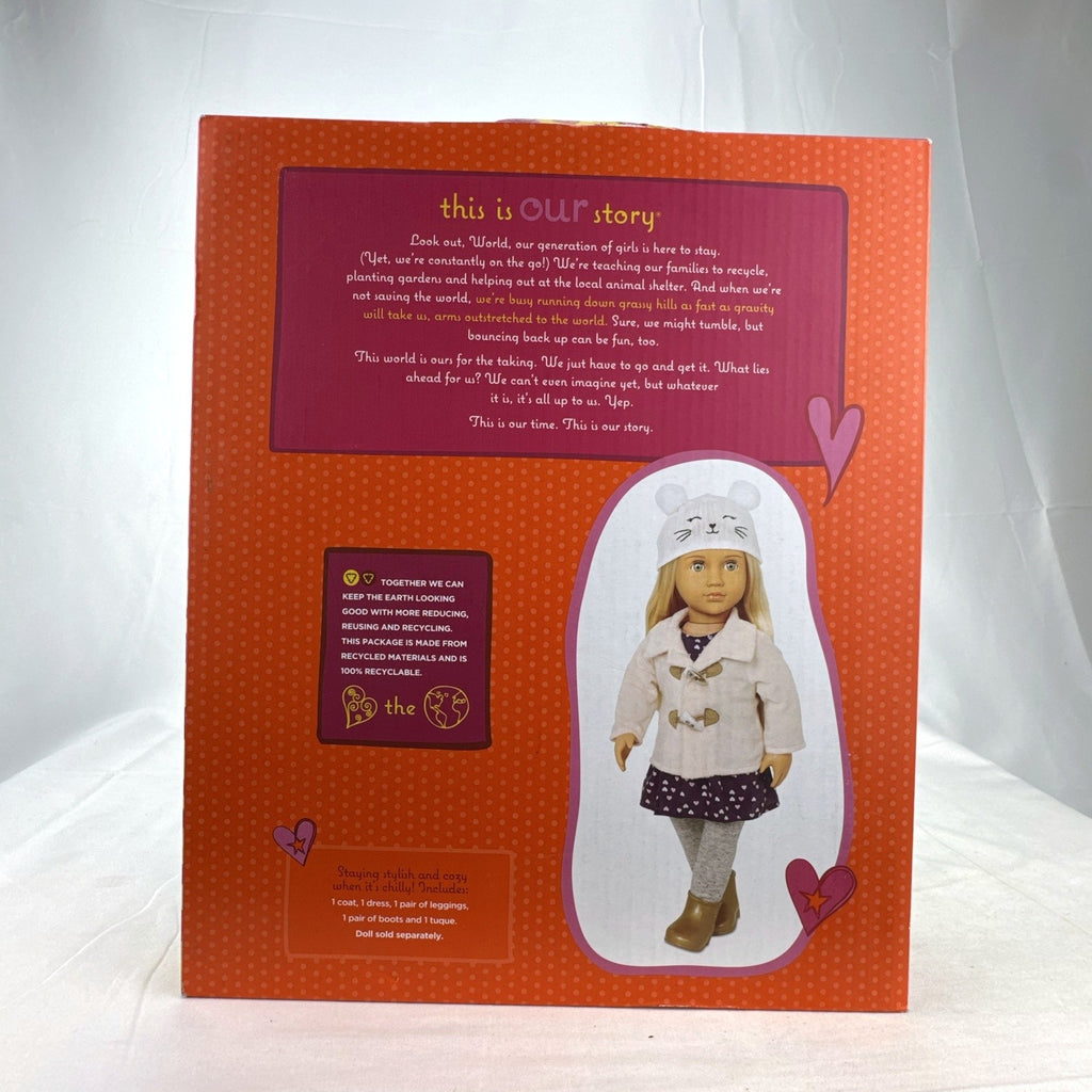 Our Generation Cheerfully Chilly 5-piece winter coat and dress outfit set for 18-inch dolls in packaging