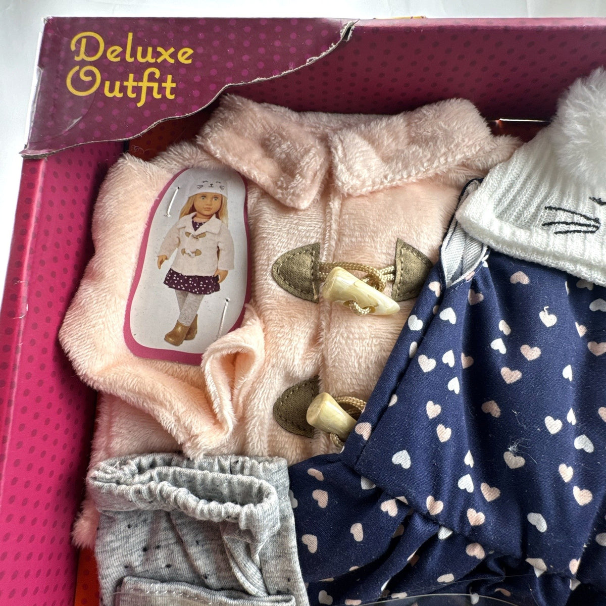 Our Generation Cheerfully Chilly 5-piece winter coat and dress outfit set for 18-inch dolls in packaging