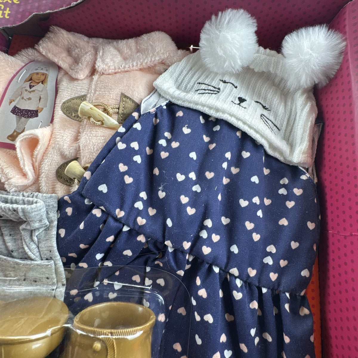 Our Generation Cheerfully Chilly 5-piece winter coat and dress outfit set for 18-inch dolls in packaging