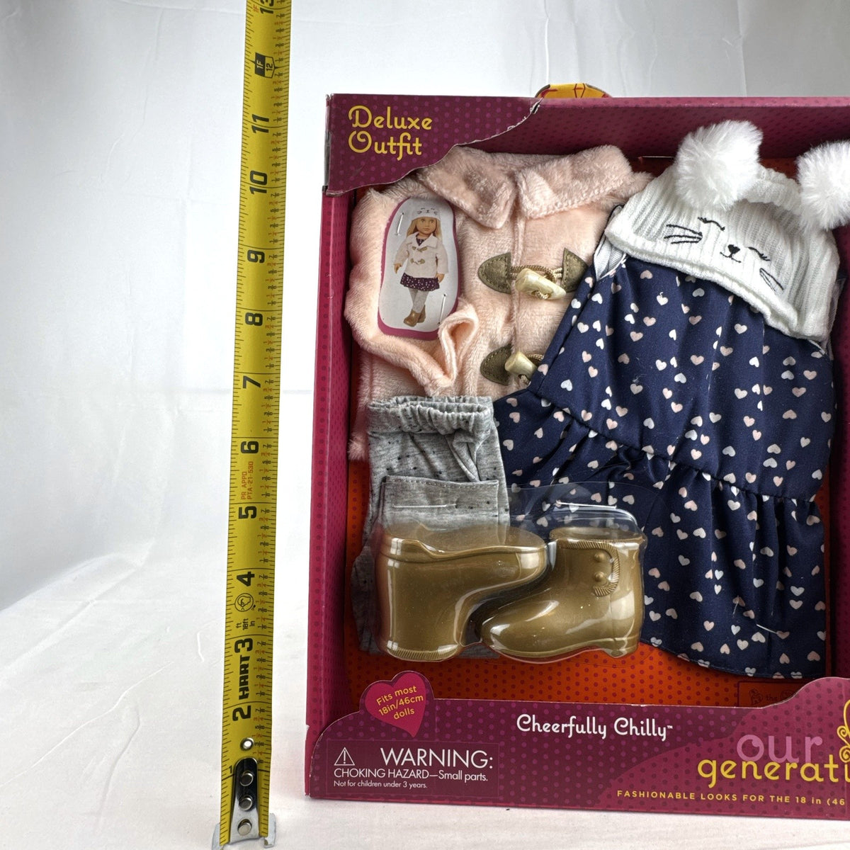 Our Generation Cheerfully Chilly 5-piece winter coat and dress outfit set for 18-inch dolls in packaging