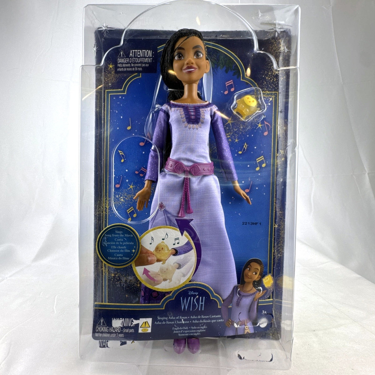Mattel Disney Wish singing Asha doll in purple dress with companion Star figure in original packaging