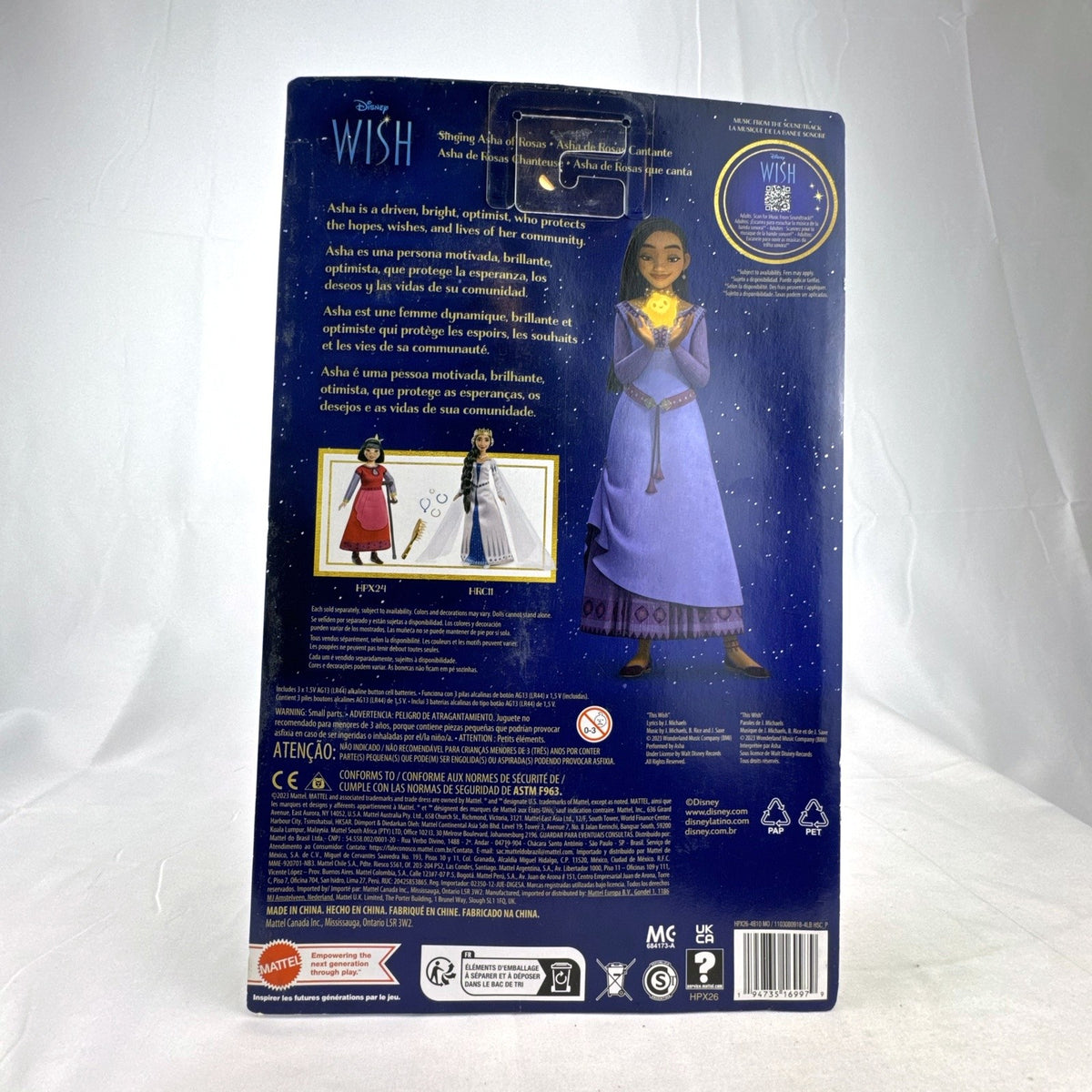 Mattel Disney Wish singing Asha doll in purple dress with companion Star figure in original packaging