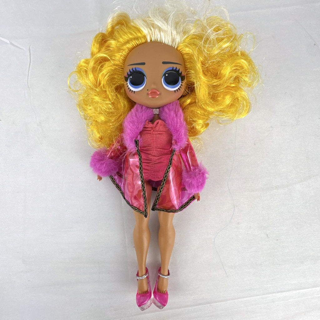 MGA L.O.L. Surprise! O.M.G. Da Boss fashion doll in translucent pink faux-fur coat with curly blonde hair