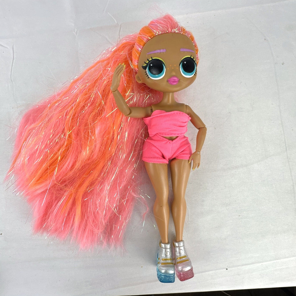 MGA L.O.L. Surprise! O.M.G. Lights Dazzle fashion doll with neon pink tinsel hair and platform sneakers.