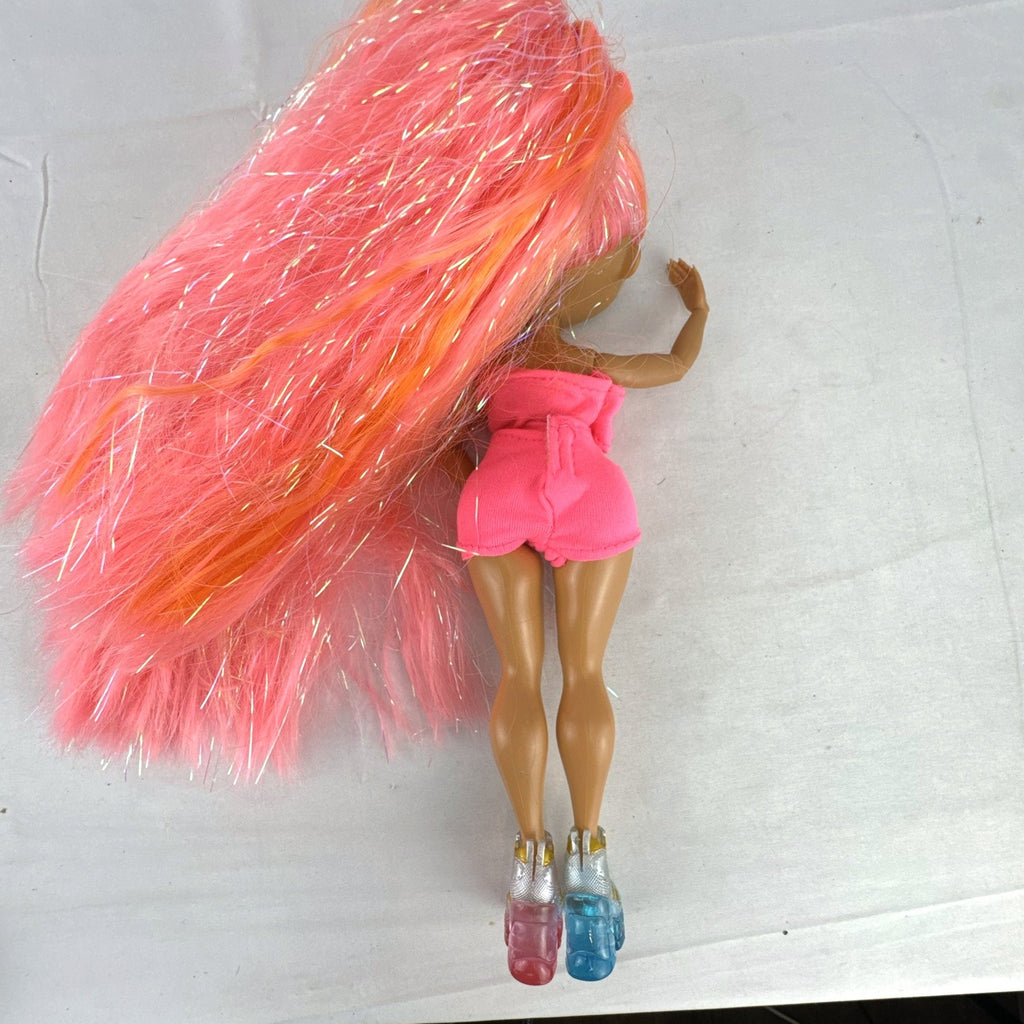 MGA L.O.L. Surprise! O.M.G. Lights Dazzle fashion doll with neon pink tinsel hair and platform sneakers.
